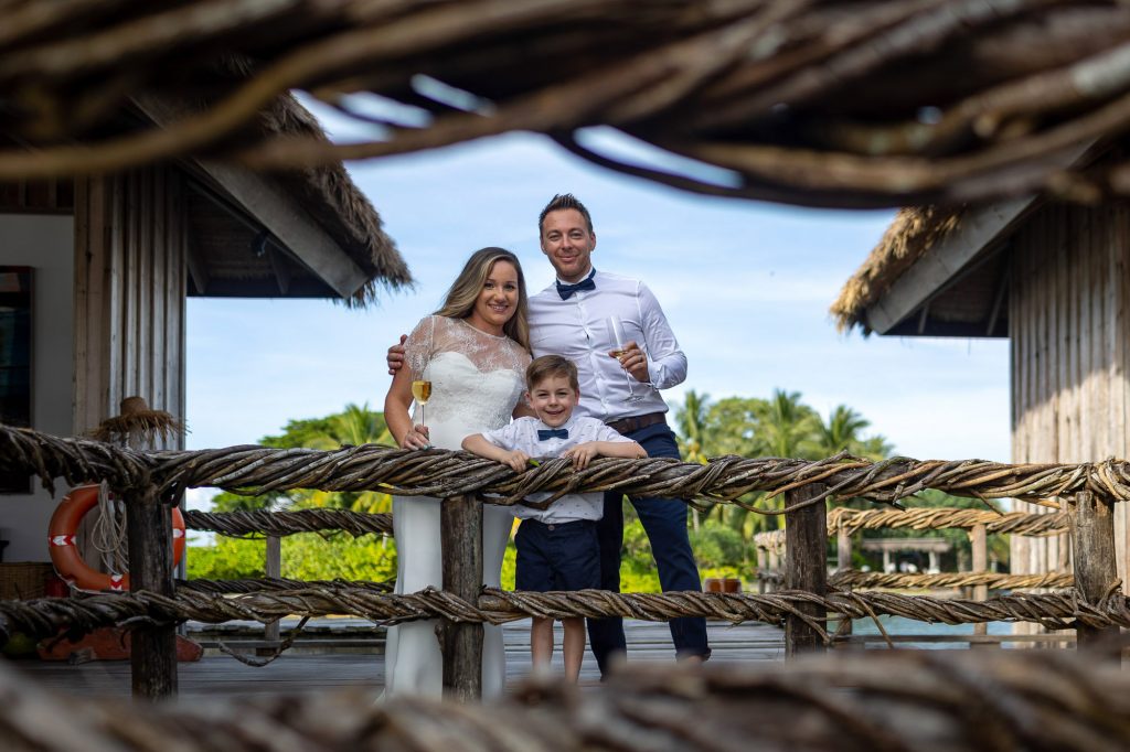 bride and groom and their son at Song Saa Private Island in Cambodia