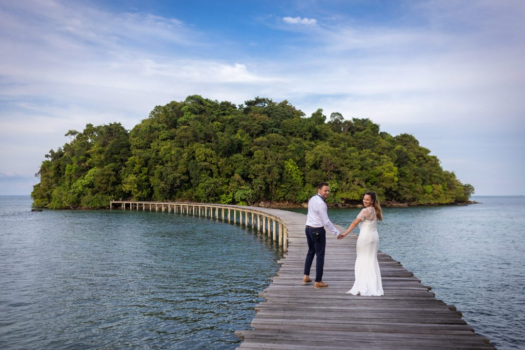 bride and groom walk to their villa at Song Saa Private Island in Cambodia