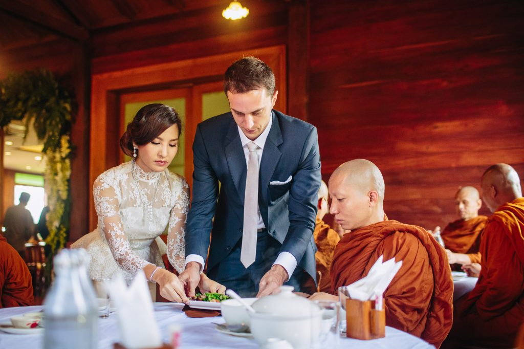 bride groom and monks at Coriander in Redwood Mae Sariang Thailand Wedding